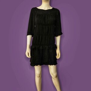 WHO WHAT WEAR Black Tiered Ruffle Crochet Lace Satin Mini Dress